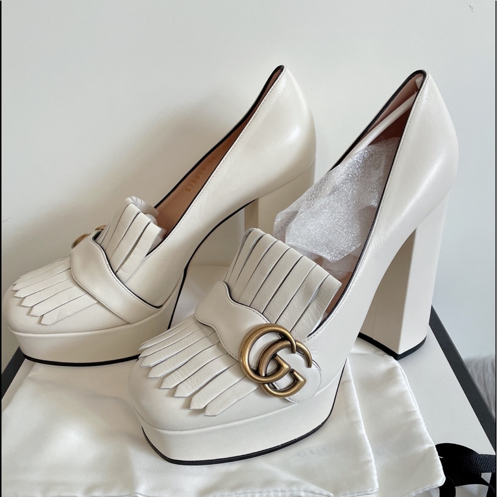 Gucci White Platform Fringe Loafer Pumps with Gold Double G